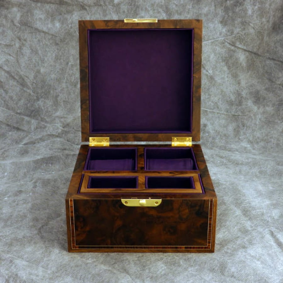 Watch box for 2 Watches & Cuff Links in Black Walnut Burr and Kingwood