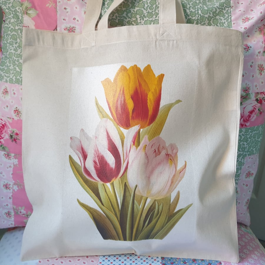 Tulip Spring Flower Print Cotton Tote 