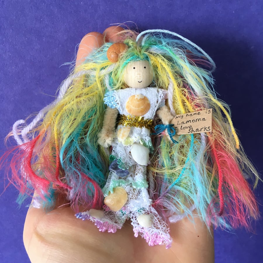Tiny Mermaid Doll Hanging Decoration, Sea Themed Mermaid Gift, Rainbow Hair