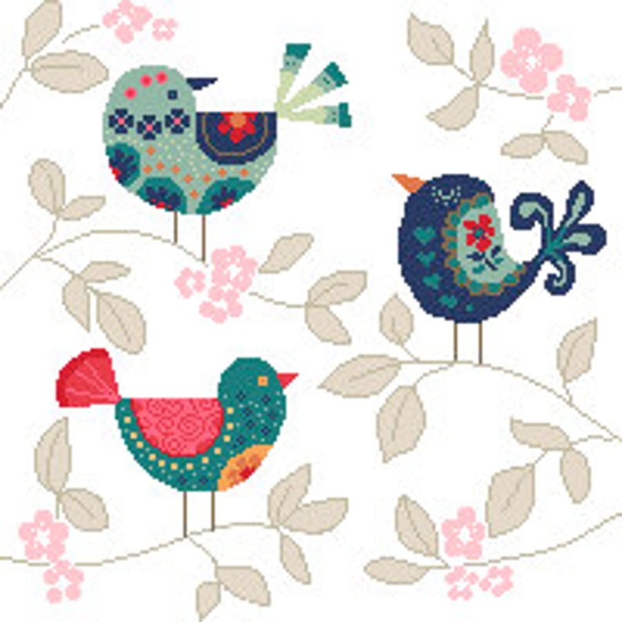 032 - Colourful Songbirds Scandinavian Style - Cross Stitch Pattern