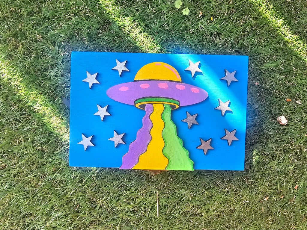 UFO and Star Design Handmade Hand Painted Wood Jewellery Box with Inside Mirror