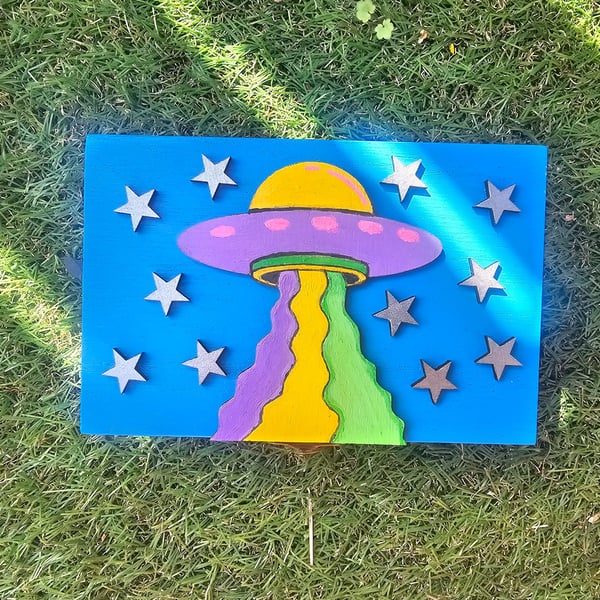 UFO and Star Design Handmade Hand Painted Wood Jewellery Box with Inside Mirror