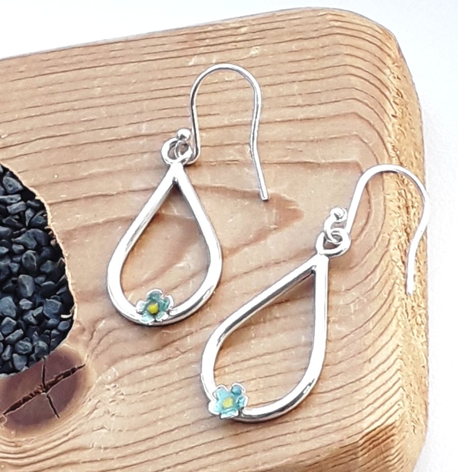 Sterling silver forget me not earrings glass enameled ,  Raindrop silver earring