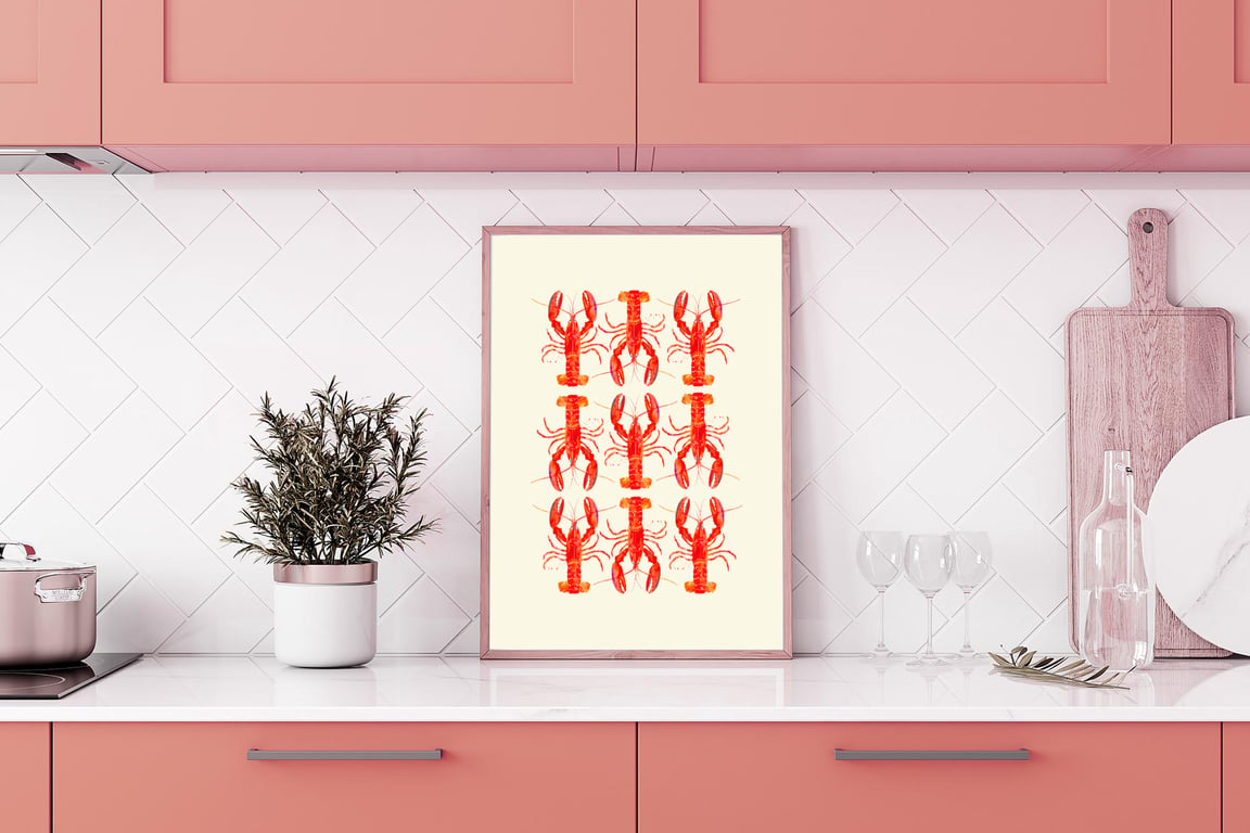 Watercolour Lobster Print - Pink & Orange Lobsters - Coastal Kitchen Wall Art