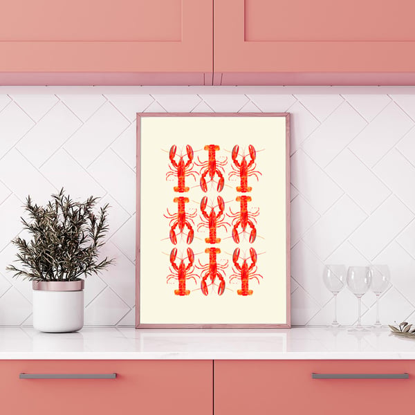 Watercolour Lobster Print - Pink & Orange Lobsters - Coastal Kitchen Wall Art