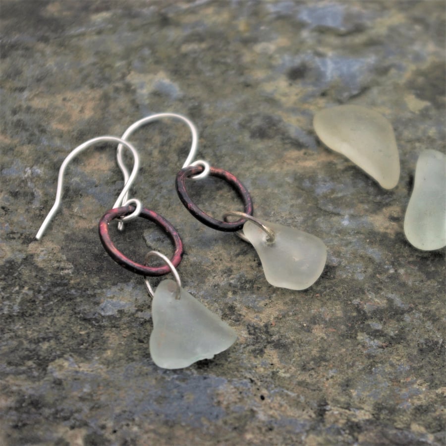  Welsh Sea Glass and Copper Circles Dangle Earrings