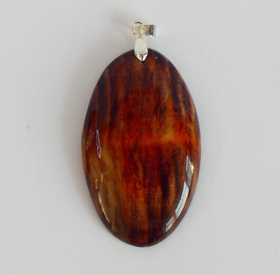 Unique Wood Stained Red, Orange, Purple and Black Wooden Oval Pendant Necklace