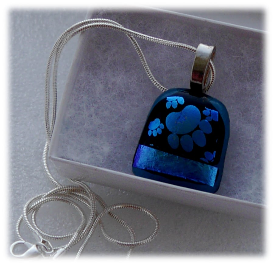 Dichroic Glass Pendant 026 Turquoise paws handmade fused silver plated chain