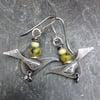 Silver birds earrings with chrysoprase and jade.