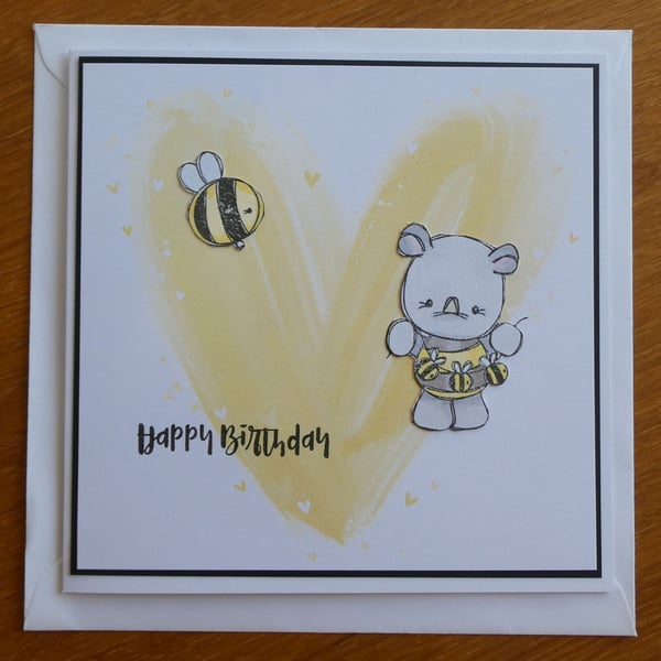 Birthday Card - Rhino and Bees with Yellow Hearts