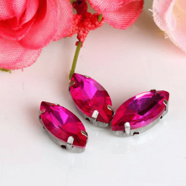 (S18S rose pink) 50 Pcs, 5 x 10mm Sew On Crystal Horse Eye Beads, Glass Leaf 