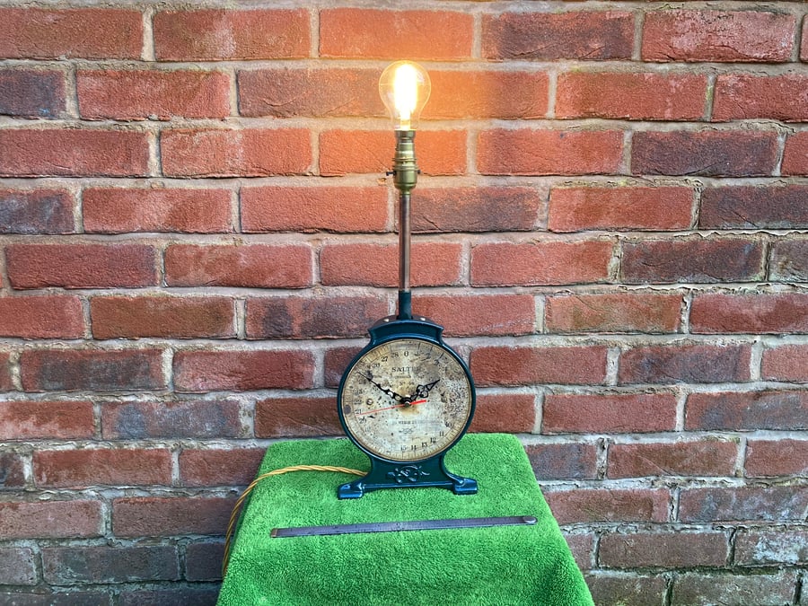 Cast Iron Table Lamp with Clock, Upcycled Vintage Salter Scales