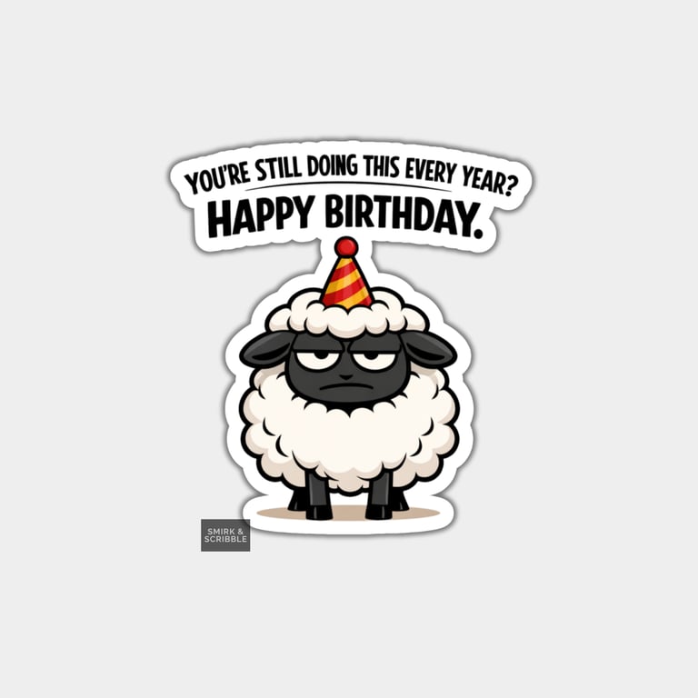 Funny Rude Birthday Sticker For Adults - Grumpy Sheep
