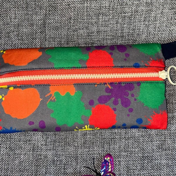 Pencil Case, Multi colour Paint Splat Orange Zip