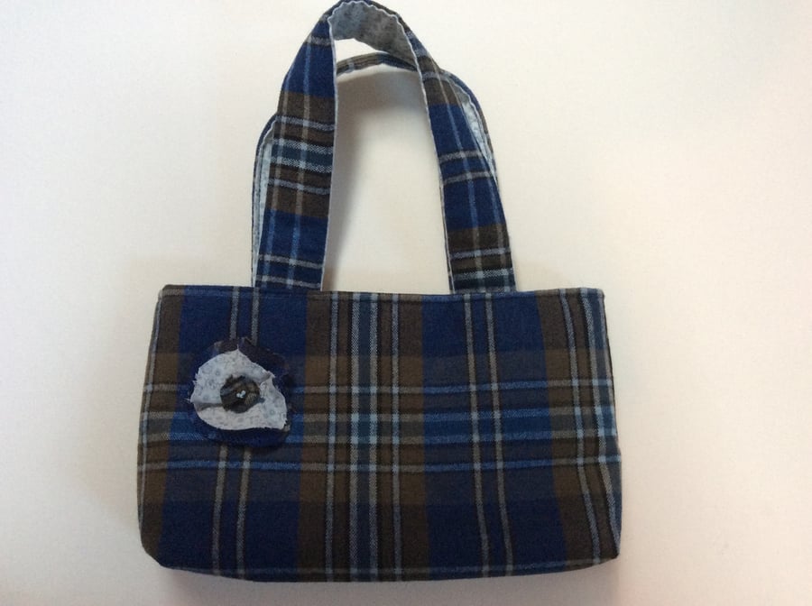 Tweed Handbag Tote Blue & Brown Check Pattern with Flower Corsage