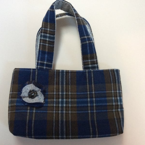 Tweed Tote Handbag Blue & Brown Check Pattern with Flower Corsage