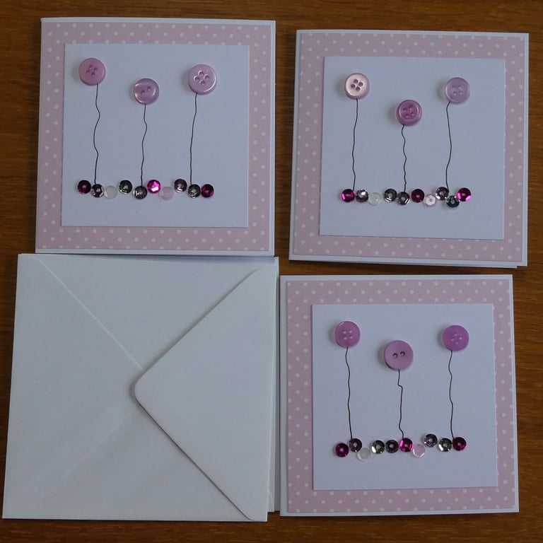 Pack of 3 Mini Blank Cards - Pink and Lilac Button Flowers and Sequins