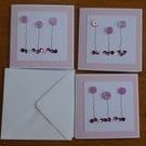Pack of 3 Mini Blank Cards - Pink and Lilac Button Flowers and Sequins