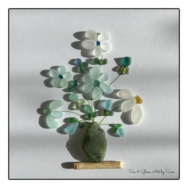 Handmade Sea Glass Flowers in Vase Picture - Framed 8x8 Coastal Art by Sam