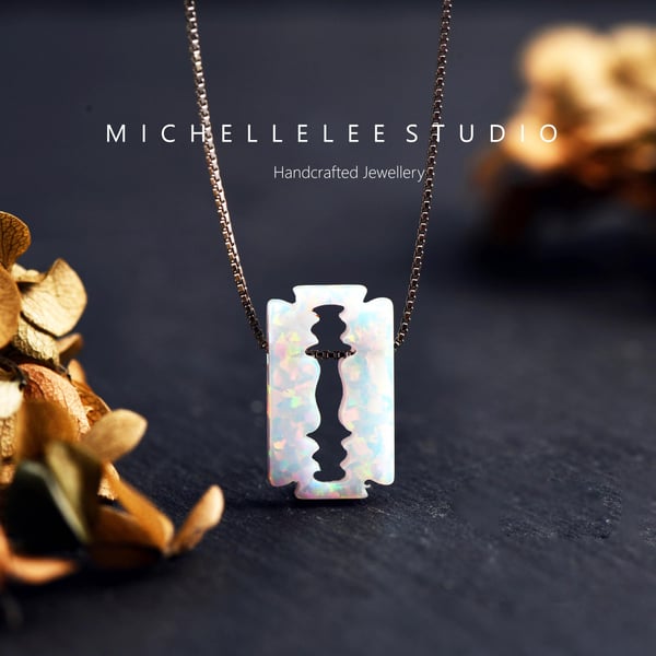 Halloween Razor Blade Opal Necklace with Sterling Silver Chain