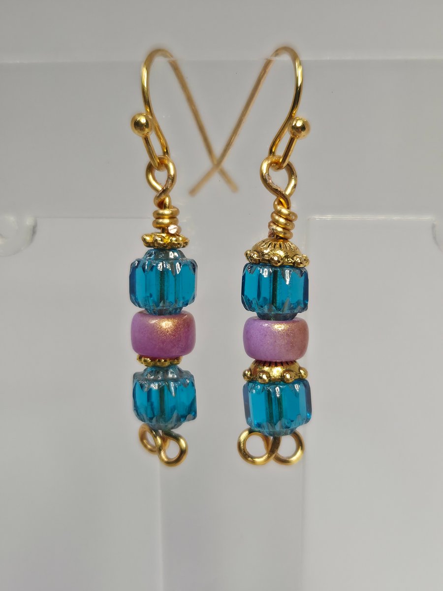 Teal & Lavender Glass Drop Earrings – Gold Tone