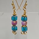 Teal & Lavender Glass Drop Earrings – Gold Tone