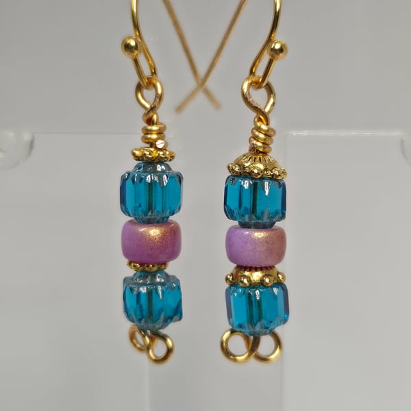 Teal & Lavender Glass Drop Earrings – Gold Tone