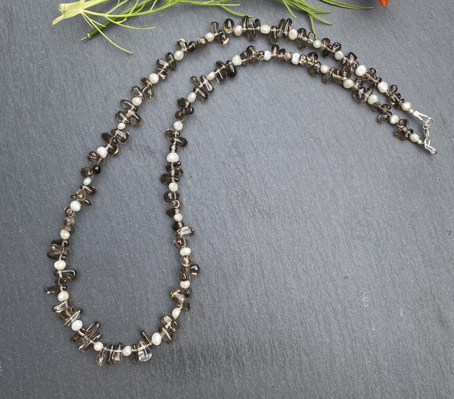 Smoky Quartz Tear Drops & Fresh Water Pearl Sterling Silver Necklace