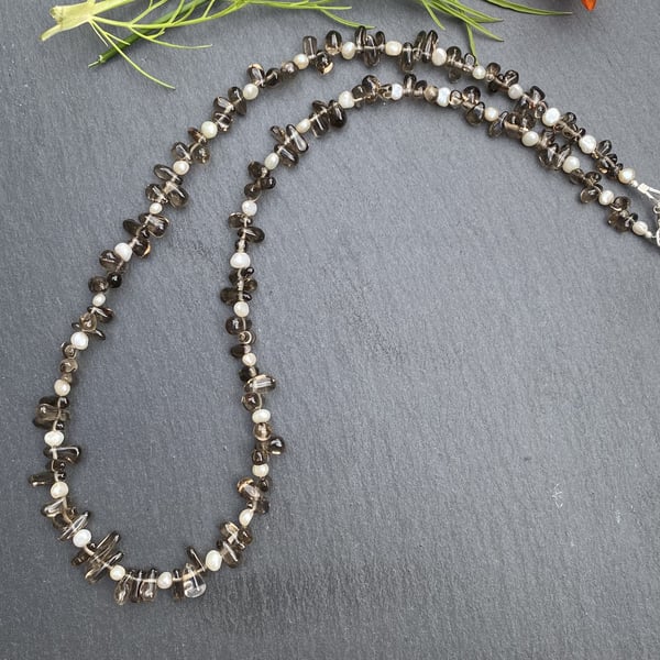 Smoky Quartz Tear Drops & Fresh Water Pearl Sterling Silver Necklace