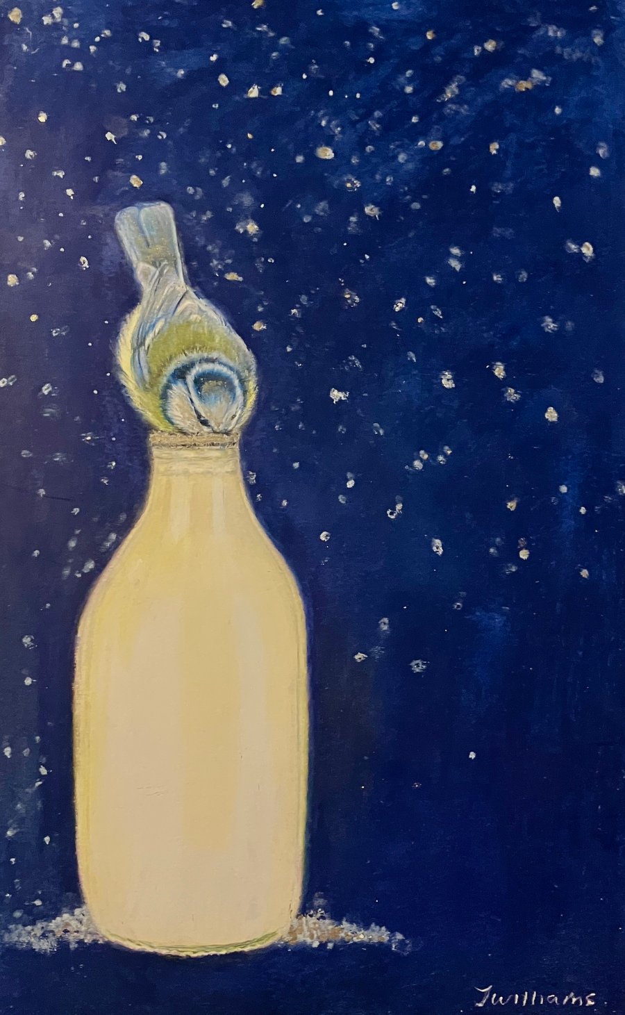 Perfectly Imperfect Blue Tit Drinking Milk Original Coloured Pencil Drawing 