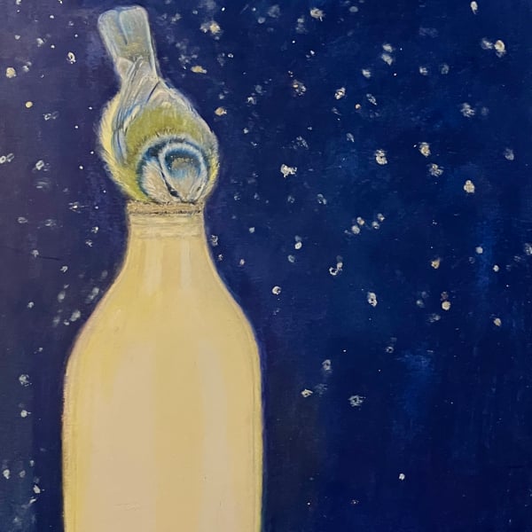 Perfectly Imperfect Blue Tit Drinking Milk Original Coloured Pencil Drawing 