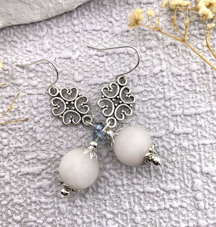 Rose Quartz Gemstone and Silver Vintage Style Drop Earrings
