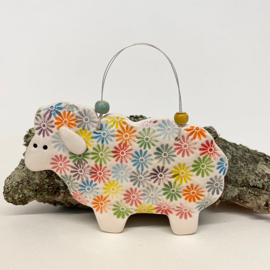 Ceramic sheep hanging decoration multi flowers