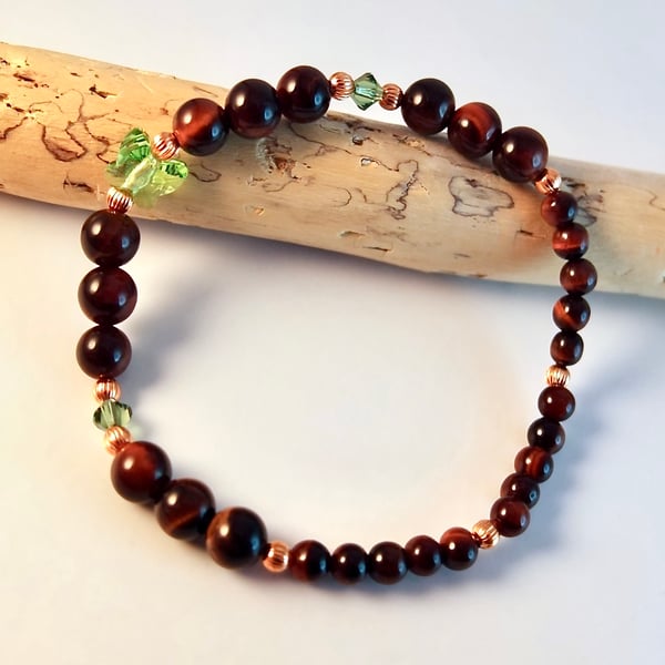 Red Tiger's Eye Bracelet With Swarovski Butterfly And Copper - Handmade In Devon