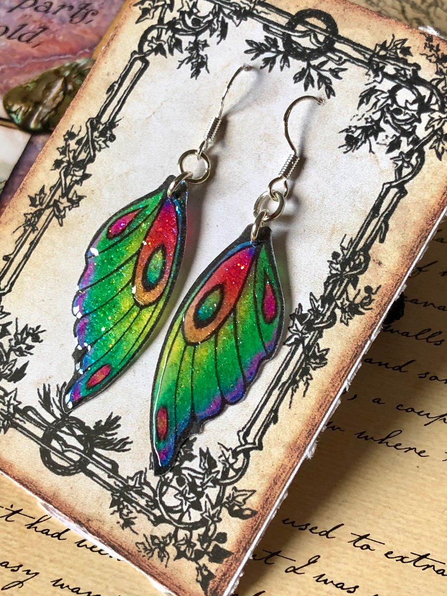 Green Yellow Orange and Purple Fairy wing Earrings Sterling Silver Hooks