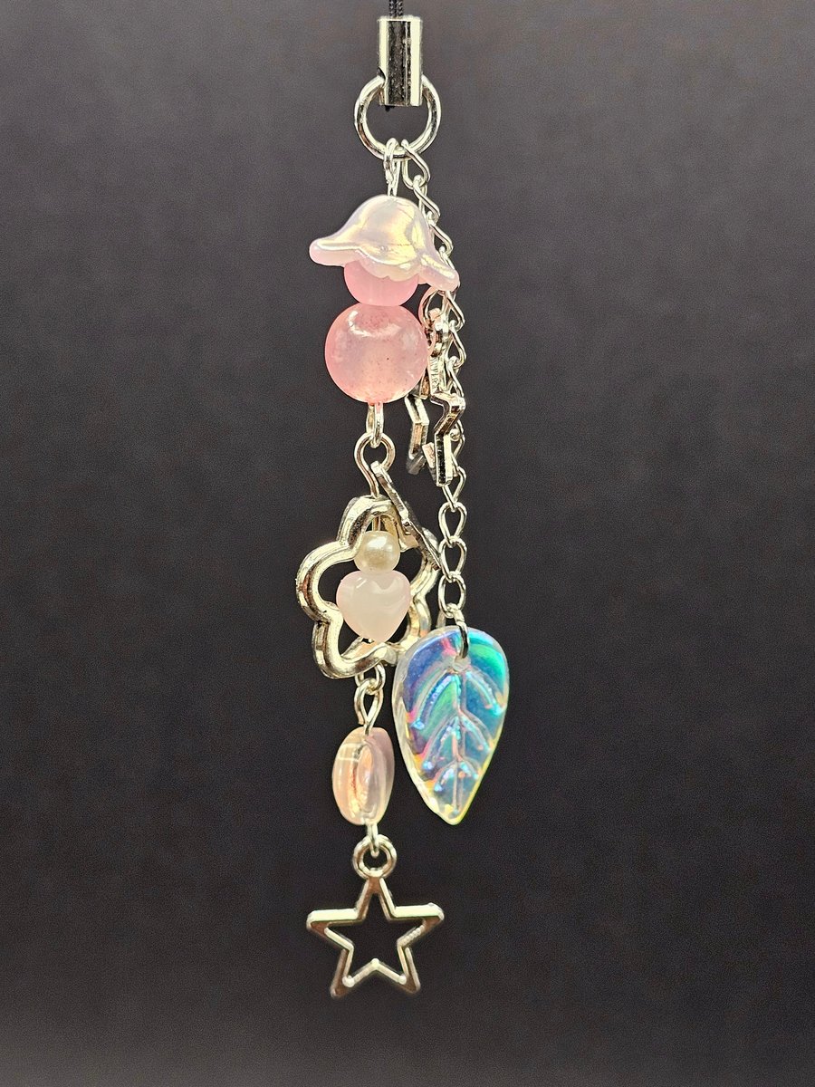 Pink flower phone charm, handmade cute keychain, glass flower flower purse charm