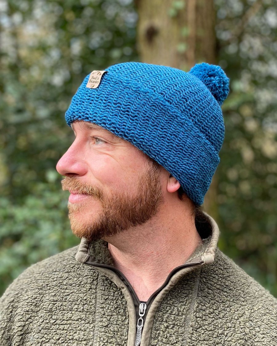 Bobble style beanie hat in 'Waterfall' (Cobalt blue) wool (unisex)