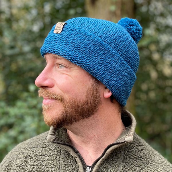 Bobble style beanie hat in 'Waterfall' (Cobalt blue) wool (unisex)