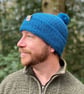 Bobble style beanie hat in 'Waterfall' (Cobalt blue) wool (unisex)