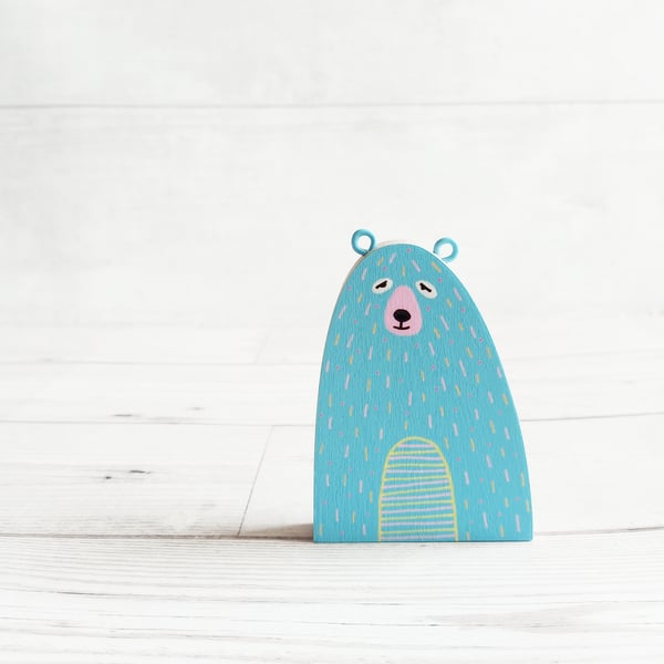 Folky Turquoise Bear, Handmade Wooden Bear