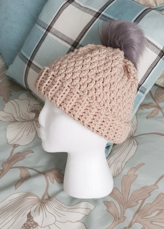Unisex Beige Hat, crochet with pompom