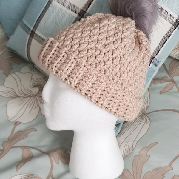 Unisex Beige Hat, crochet with pompom