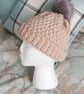 Unisex Beige Hat, crochet with pompom - Image 1
