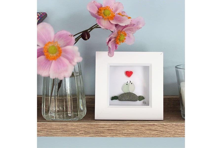 Sea Glass Art - Framed Beach Glass Lovebirds Picture, Engagement, Wedding Gift