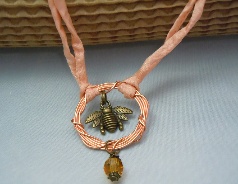 Handmade copper ring pendant, bee charm & crystal
