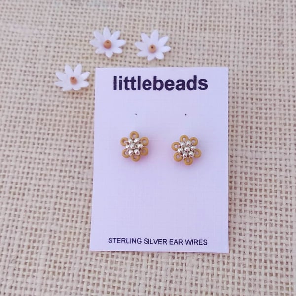 Matt Gold and Silver Flower Beaded Sterling Silver Stud Earrings