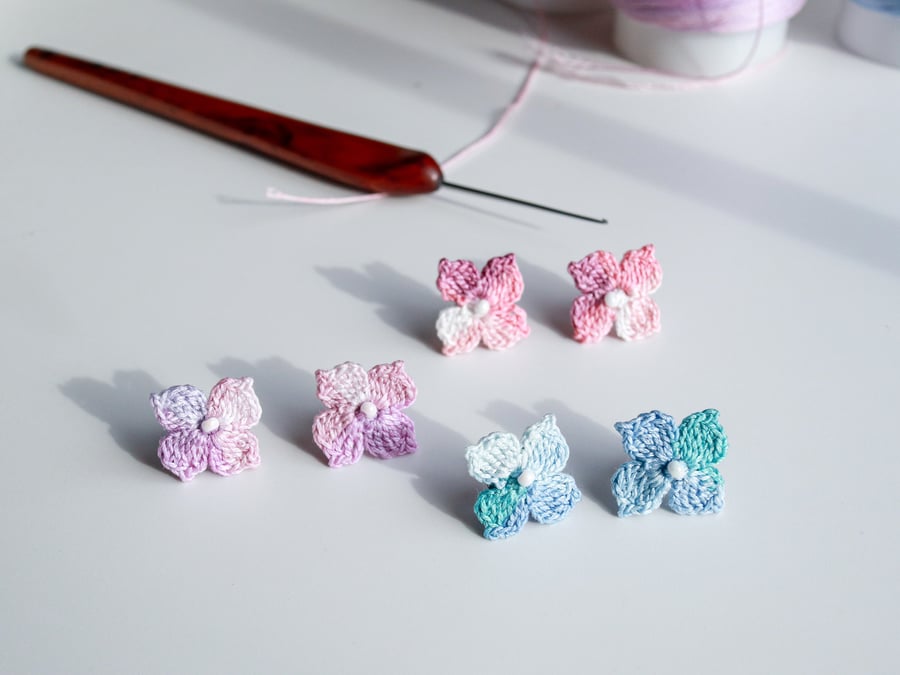Handmade crochet hydrangea flower stud earrings in multiple colours