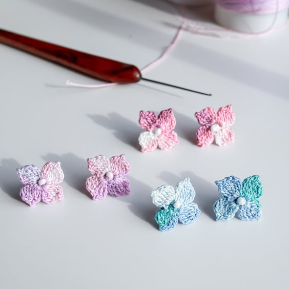 Handmade crochet hydrangea flower stud earrings in multiple colours