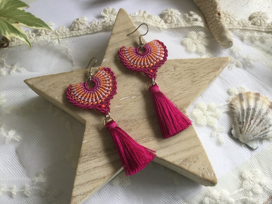 Spanish Tassel macrame beaded fan earrings, boho earrings, gift for teen