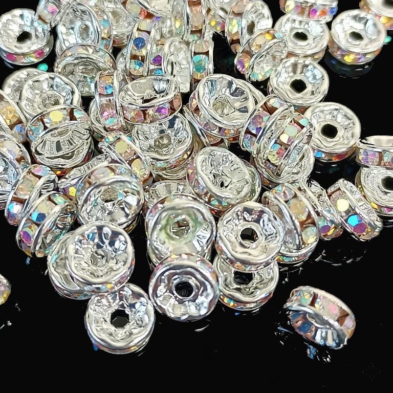 100pcs 6, 8, 10mm Silver AB Clear Rhinestone Rondelle Spacer Beads 